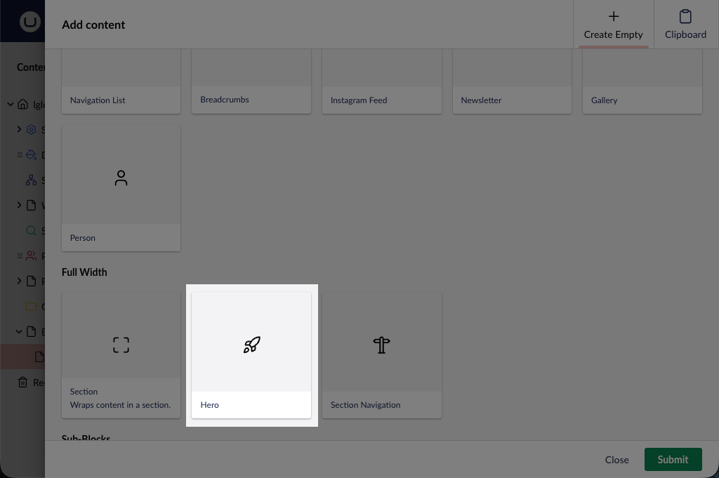 Block picker with the Full Width group, Hero selected