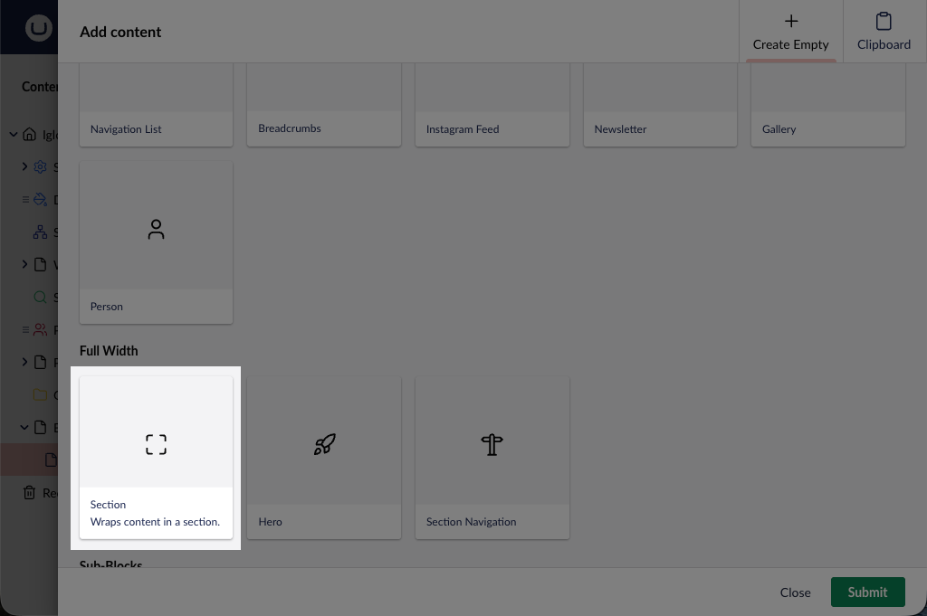 Block picker with the Full Width group, Section selected