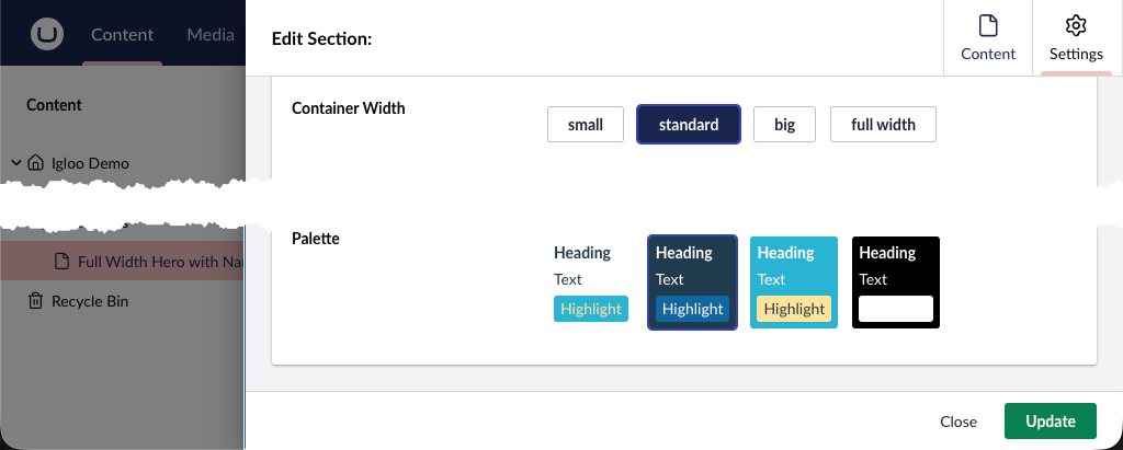 Section settings showing Container Width and Palette options