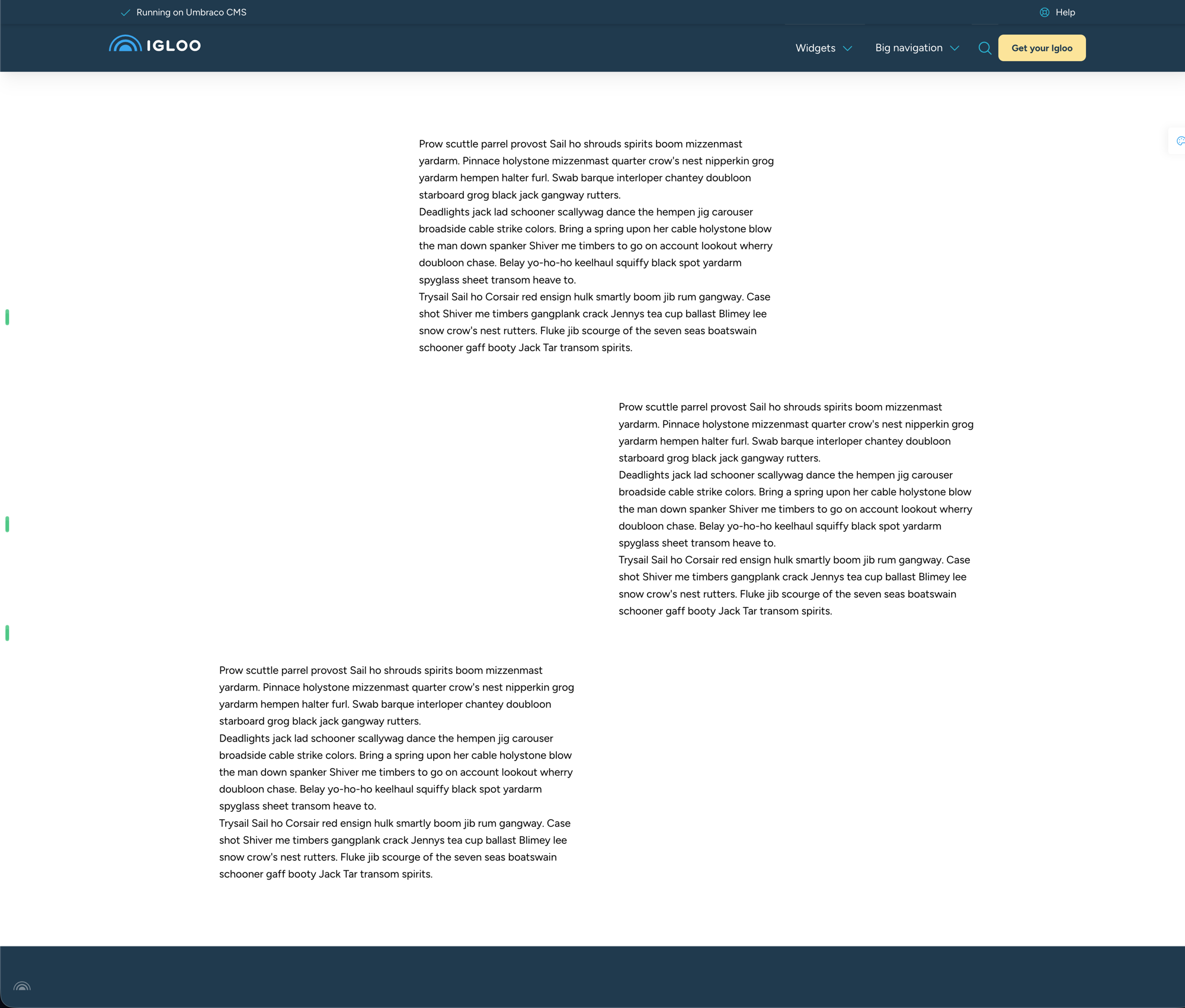 Front-end: paragraphs positioned at different points across the page with space around them