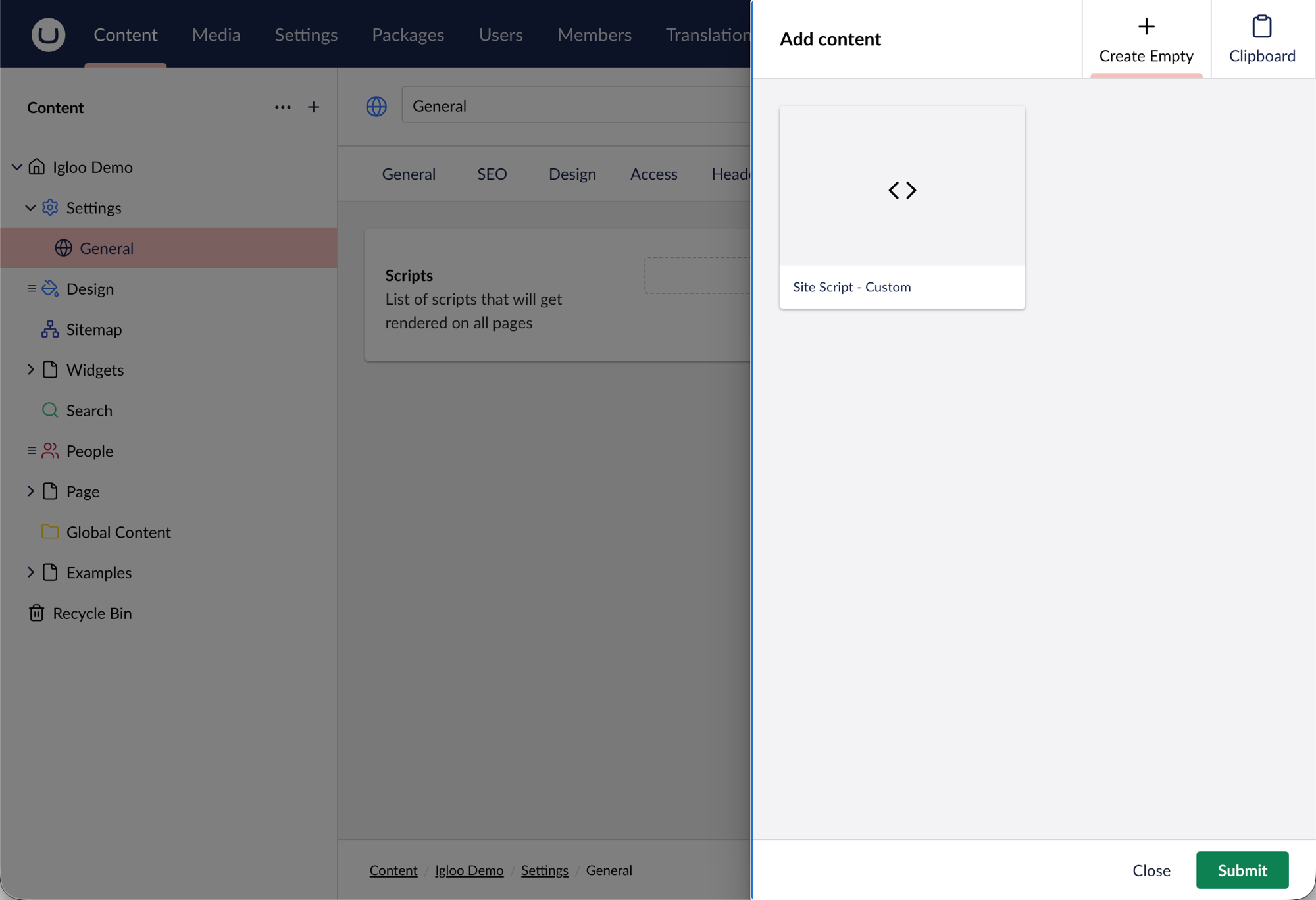 The Add content panel with Site Script - Custom selected
