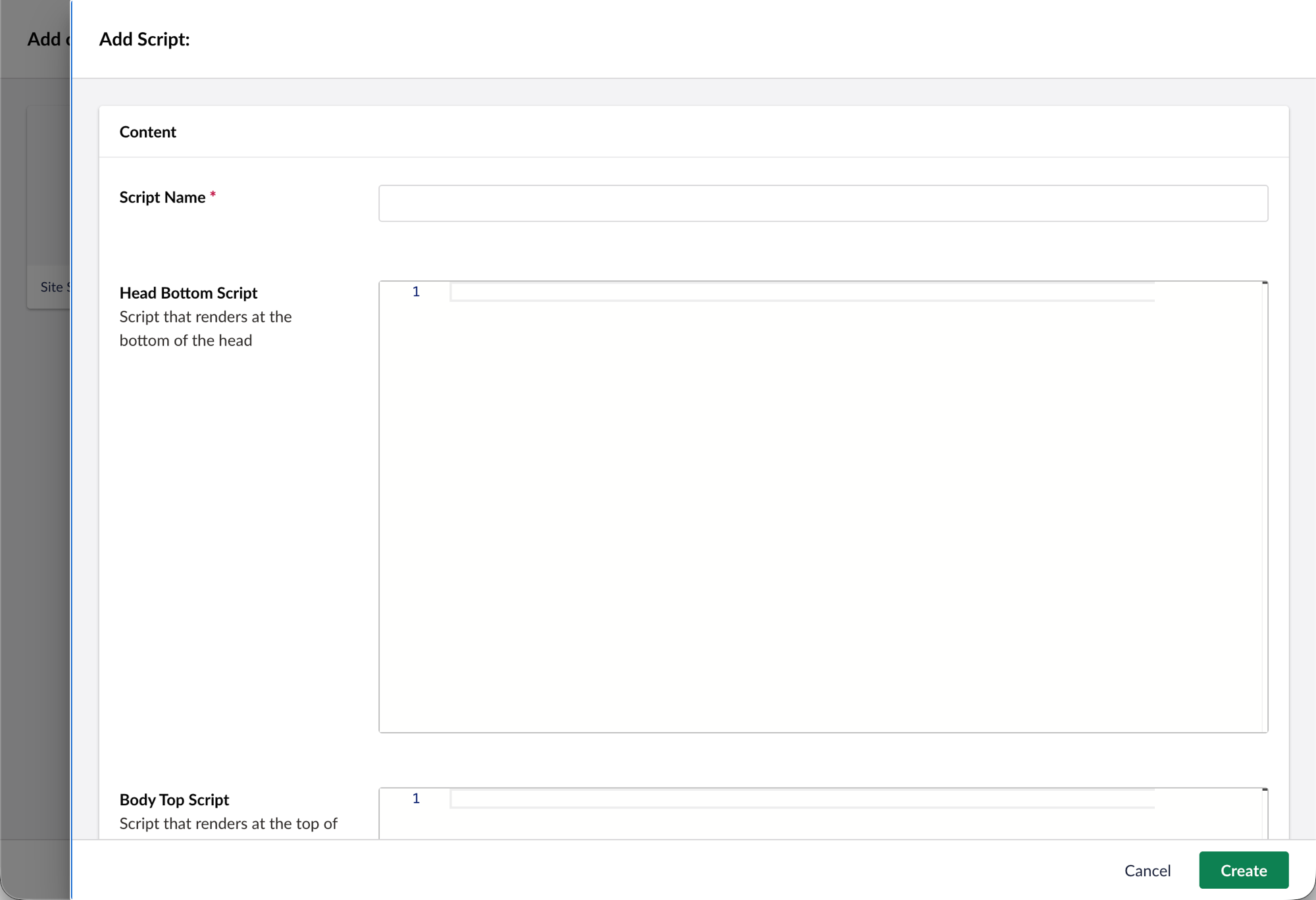 The Add Script form showing the Script Name field and the Head Bottom / Body Top script boxes